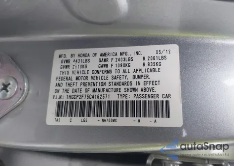 2012 Honda Accord 2.4 Ex from USA, damaged, VIN 1HGCP2F75CA162571